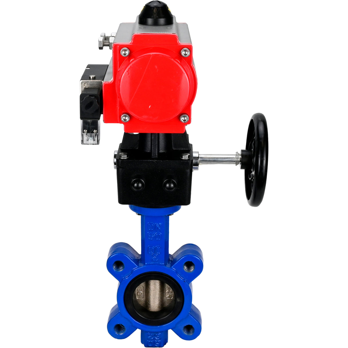Wasser-Schmetterlingsventil Elephant WBV1616E-2W-Fb-H, Gehäusematerial - Gusseisen QT450, Scheibenmaterial - Gusseisen QT450, Dichtung - EPDM, mit pneumatischem Doppelwirkungsantrieb PA-DA, 4M310-08 220V, Handrad MON