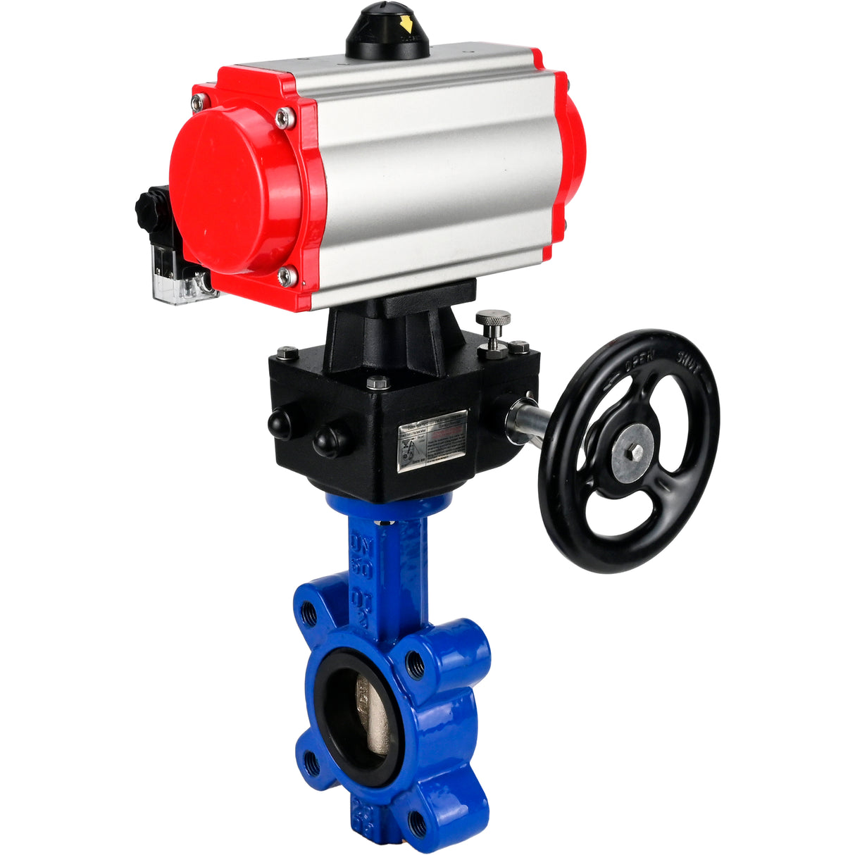 Wasser-Schmetterlingsventil Elephant WBV1616E-2W-Fb-H, Gehäusematerial - Gusseisen QT450, Scheibenmaterial - Gusseisen QT450, Dichtung - EPDM, mit pneumatischem Doppelwirkungsantrieb PA-DA, 4M310-08 220V, Handrad MON