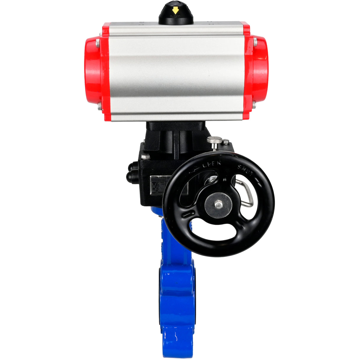 Wasser-Schmetterlingsventil Elephant WBV1616E-2W-Fb-H, Gehäusematerial - Gusseisen QT450, Scheibenmaterial - Gusseisen QT450, Dichtung - EPDM, mit pneumatischem Doppelwirkungsantrieb PA-DA, 4M310-08 220V, Handrad MON