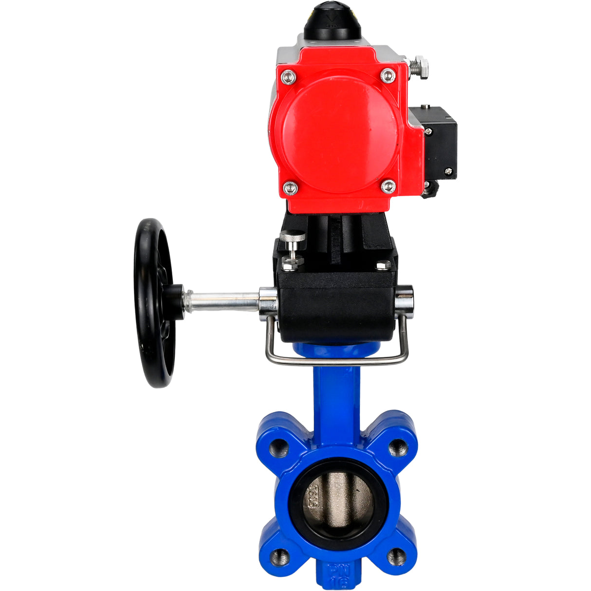 Wasser-Schmetterlingsventil Elephant WBV1616E-2W-Fb-H, Gehäusematerial - Gusseisen QT450, Scheibenmaterial - Gusseisen QT450, Dichtung - EPDM, mit pneumatischem Doppelwirkungsantrieb PA-DA, 4M310-08 220V, Handrad MON