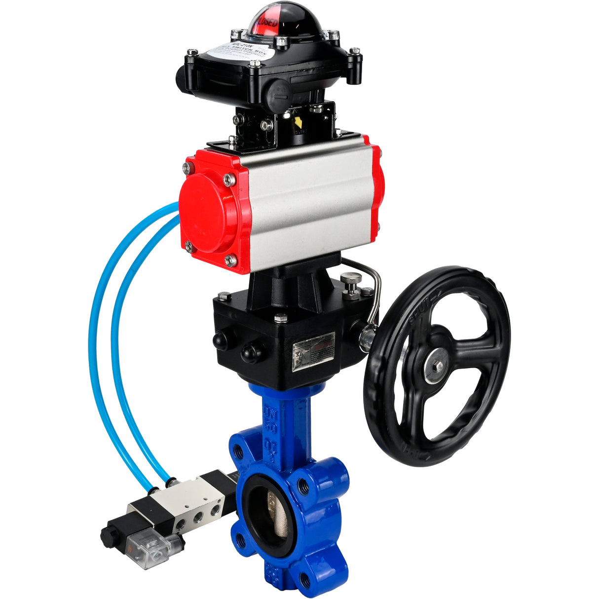 Wasser-Schmetterlingsventil Elephant WBV1616N-2W-Fb-H, Gehäusematerial - Gusseisen QT450, Scheibenmaterial - Gusseisen QT450, Dichtung - NBR, pneumatischer Antrieb PA-DA Doppelwirkung, 4V320-10 220V, LSU APL-210N, Handrad MON