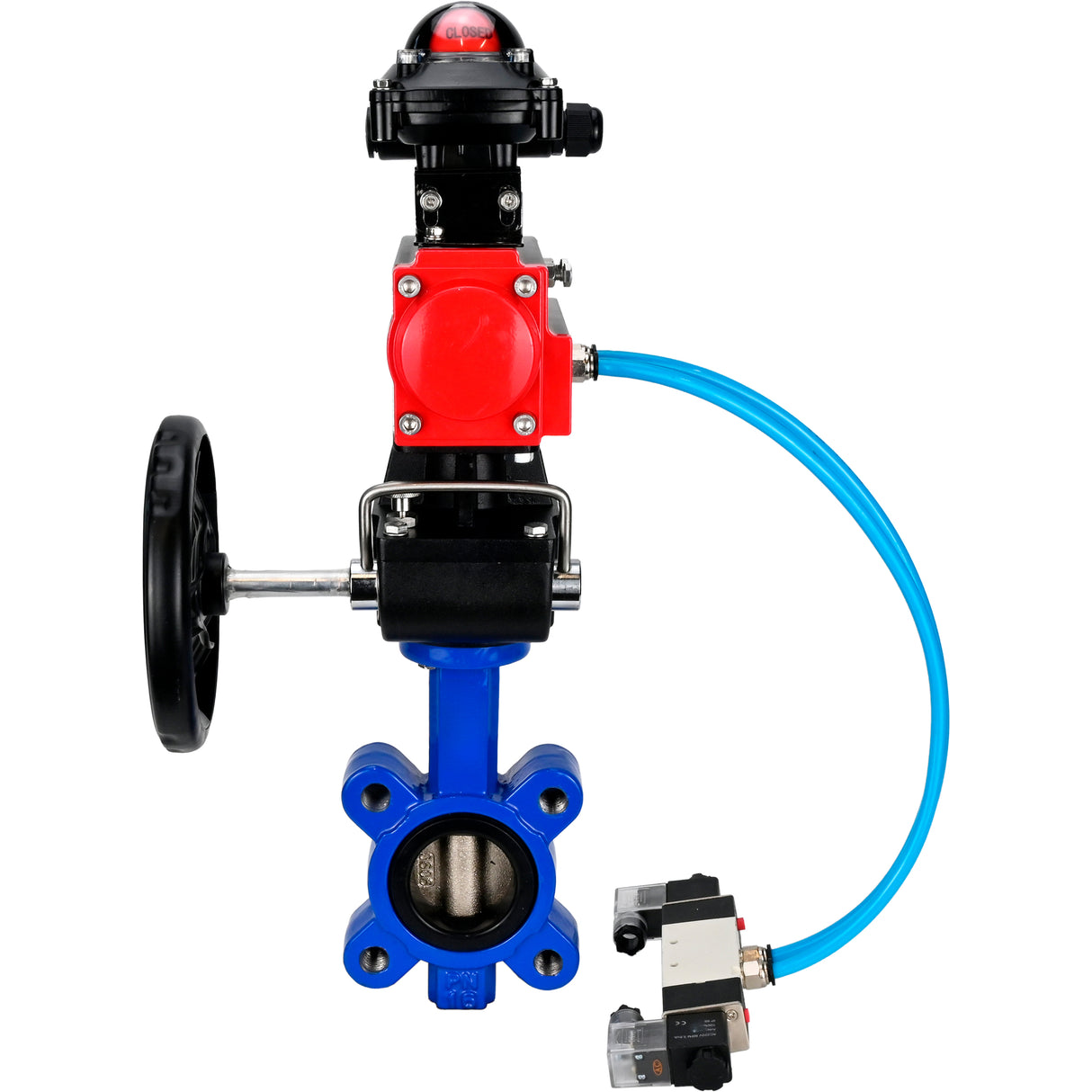 Wasser-Schmetterlingsventil Elephant WBV1616N-2W-Fb-H, Gehäusematerial - Gusseisen QT450, Scheibenmaterial - Gusseisen QT450, Dichtung - NBR, pneumatischer Antrieb PA-DA Doppelwirkung, 4V320-10 220V, LSU APL-210N, Handrad MON