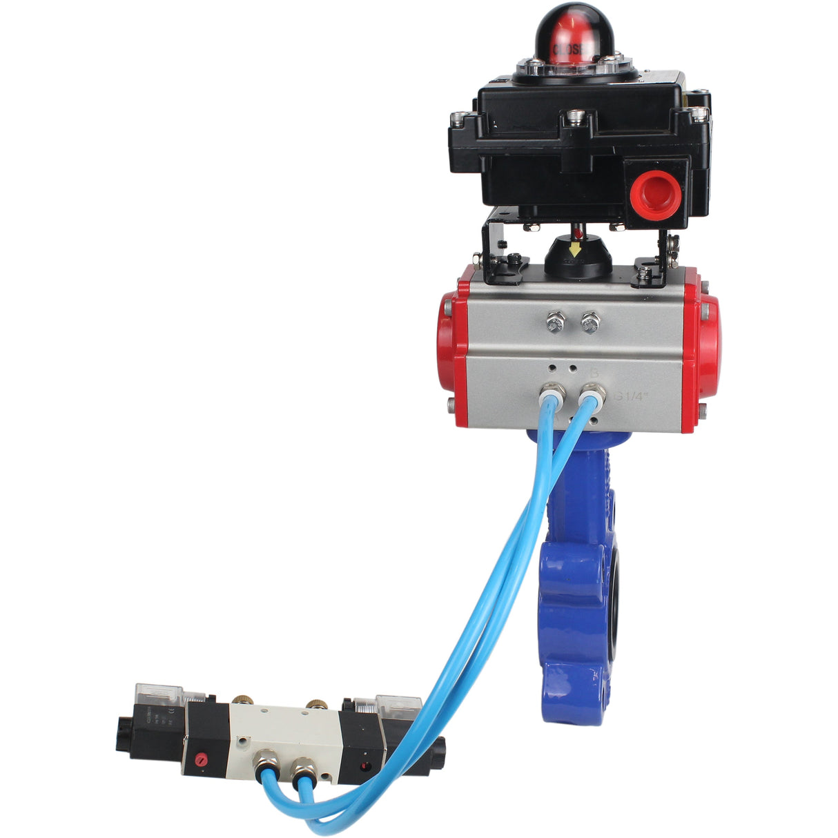 Wasser-Schmetterlingsventil Elephant WBV1616N-2W-Fb-H, Gehäusematerial - Gusseisen QT450, Scheibenmaterial - Gusseisen QT450, Dichtung - NBR, mit pneumatischem Doppelwirkungsantrieb PA-DA, 4V320-08 220V, LSU APL-410N EX