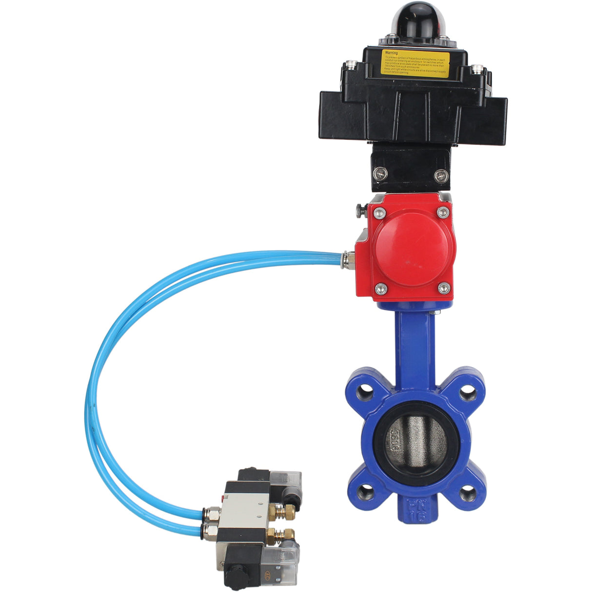 Wasser-Schmetterlingsventil Elephant WBV1616N-2W-Fb-H, Gehäusematerial - Gusseisen QT450, Scheibenmaterial - Gusseisen QT450, Dichtung - NBR, mit pneumatischem Doppelwirkungsantrieb PA-DA, 4V320-08 220V, LSU APL-410N EX
