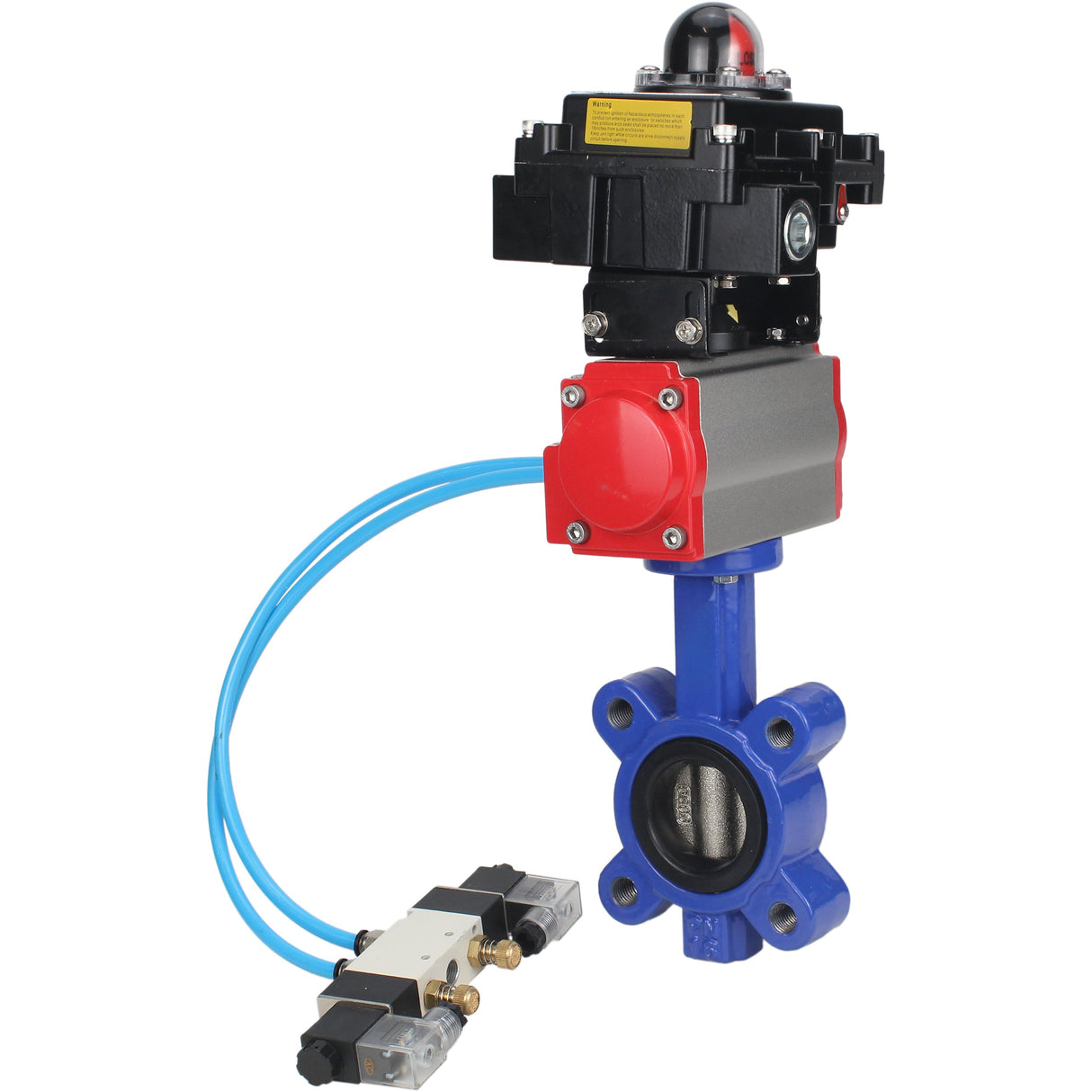Wasser-Schmetterlingsventil Elephant WBV1616N-2W-Fb-H, Gehäusematerial - Gusseisen QT450, Scheibenmaterial - Gusseisen QT450, Dichtung - NBR, mit pneumatischem Doppelwirkungsantrieb PA-DA, 4V320-08 220V, LSU APL-410N EX