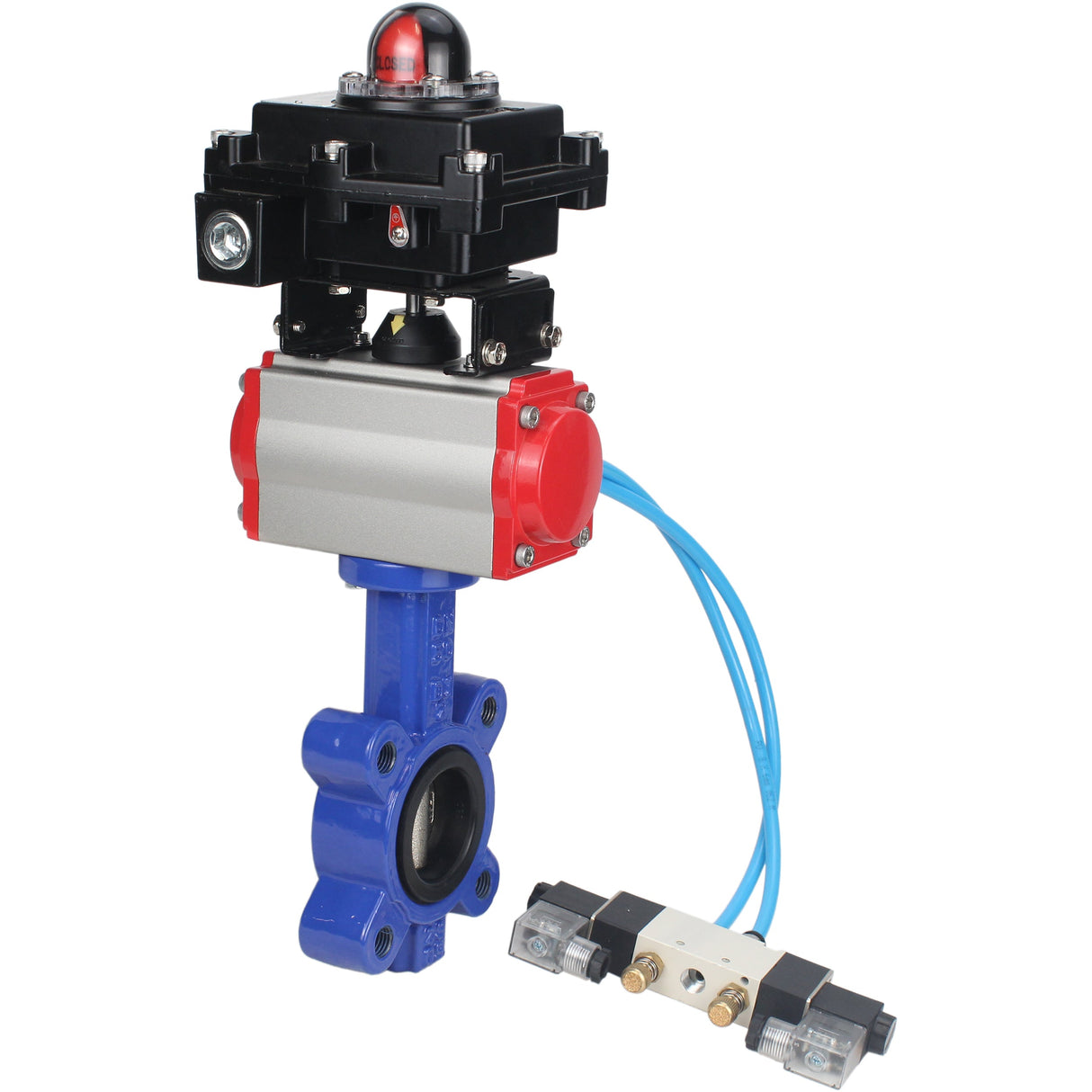 Wasser-Schmetterlingsventil Elephant WBV1616N-2W-Fb-H, Gehäusematerial - Gusseisen QT450, Scheibenmaterial - Gusseisen QT450, Dichtung - NBR, mit pneumatischem Doppelwirkungsantrieb PA-DA, 4V320-08 220V, LSU APL-410N EX