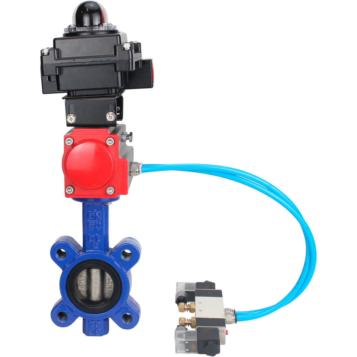 Wasser-Schmetterlingsventil Elephant WBV1616N-2W-Fb-H, Gehäusematerial - Gusseisen QT450, Scheibenmaterial - Gusseisen QT450, Dichtung - NBR, mit pneumatischem Doppelwirkungsantrieb PA-DA, 4V320-08 220V, LSU APL-410N EX