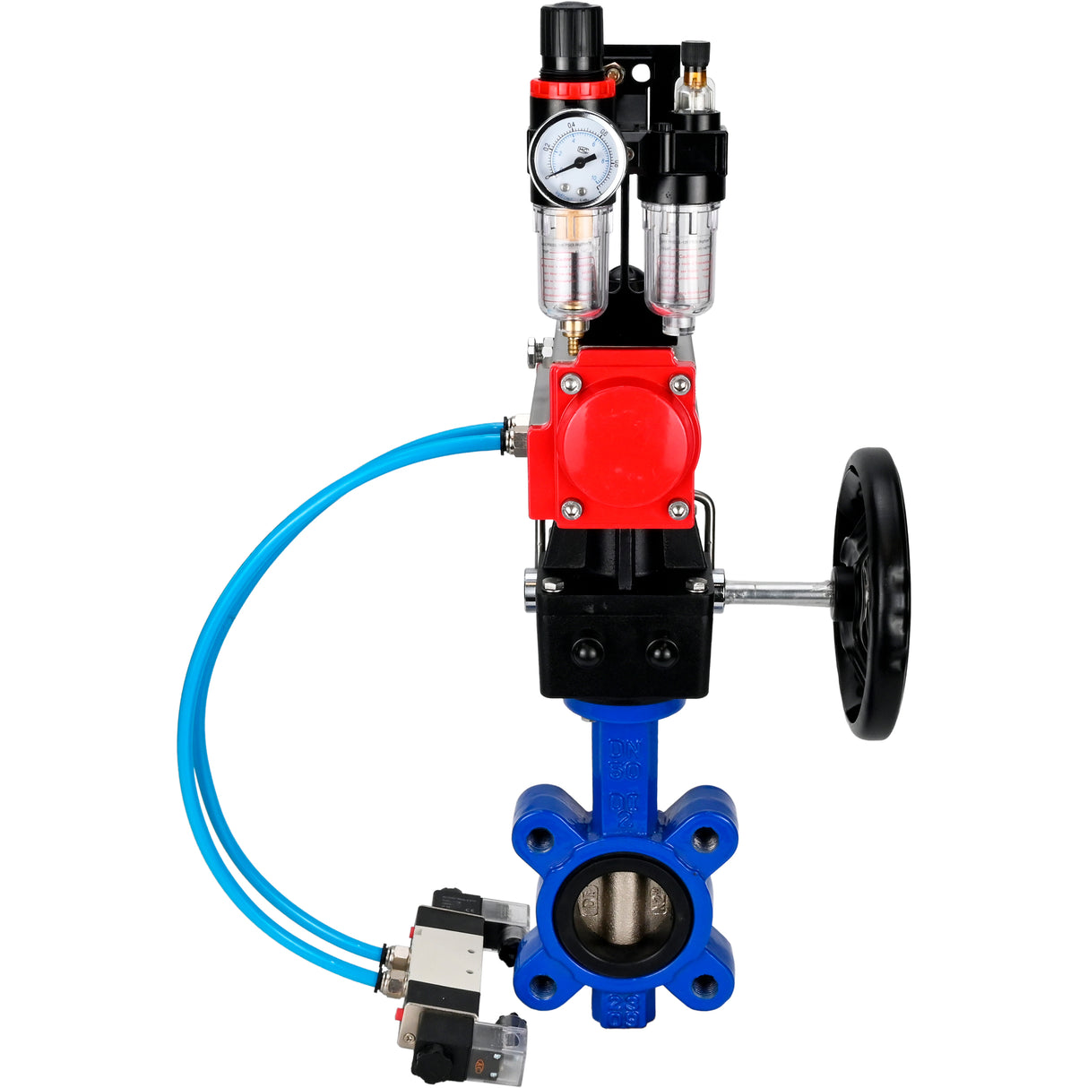 Wasser-Schmetterlingsventil Elephant WBV1616E-2W-Fb-H, Gehäusematerial - Gusseisen QT450, Scheibenmaterial - Gusseisen QT450, Dichtung - EPDM, mit pneumatischem Doppelwirkungsantrieb PA-DA, 4V320-08 220V, Handrad MON, ATU AFC2000