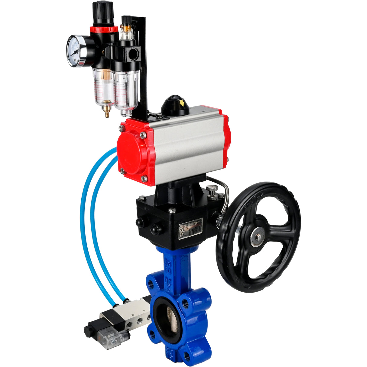 Wasser-Schmetterlingsventil Elephant WBV1616E-2W-Fb-H, Gehäusematerial - Gusseisen QT450, Scheibenmaterial - Gusseisen QT450, Dichtung - EPDM, mit pneumatischem Doppelwirkungsantrieb PA-DA, 4V320-08 220V, Handrad MON, ATU AFC2000
