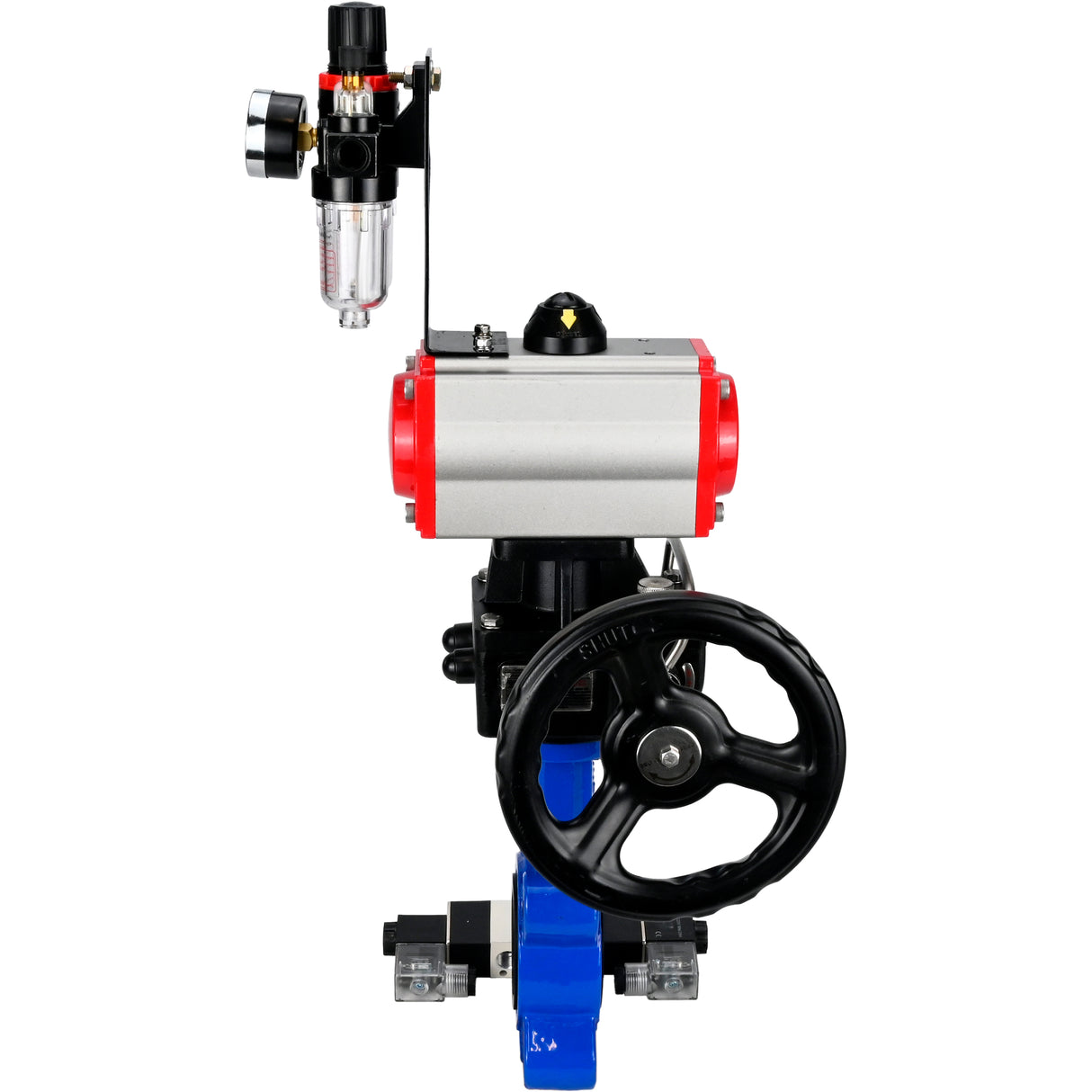 Wasser-Schmetterlingsventil Elephant WBV1616E-2W-Fb-H, Gehäusematerial - Gusseisen QT450, Scheibenmaterial - Gusseisen QT450, Dichtung - EPDM, mit pneumatischem Doppelwirkungsantrieb PA-DA, 4V320-08 220V, Handrad MON, ATU AFC2000