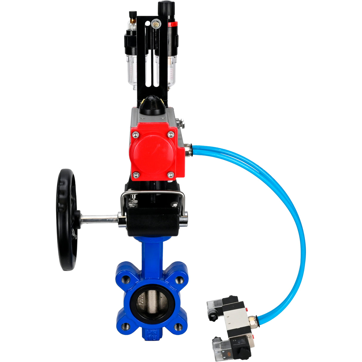 Wasser-Schmetterlingsventil Elephant WBV1616E-2W-Fb-H, Gehäusematerial - Gusseisen QT450, Scheibenmaterial - Gusseisen QT450, Dichtung - EPDM, mit pneumatischem Doppelwirkungsantrieb PA-DA, 4V320-08 220V, Handrad MON, ATU AFC2000