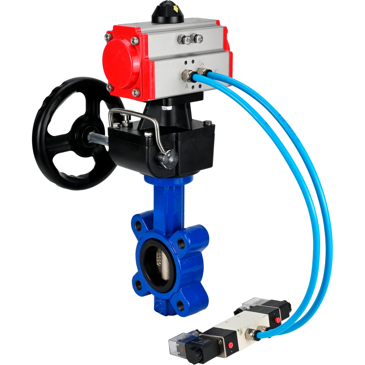 Wasser-Schmetterlingsventil Elephant WBV1616E-2W-Fb-H, Gehäusematerial - Gusseisen QT450, Scheibenmaterial - Gusseisen QT450, Dichtung - EPDM, mit pneumatischem Doppelwirkungsantrieb PA-DA, 4V320-08 220V, Handrad MON
