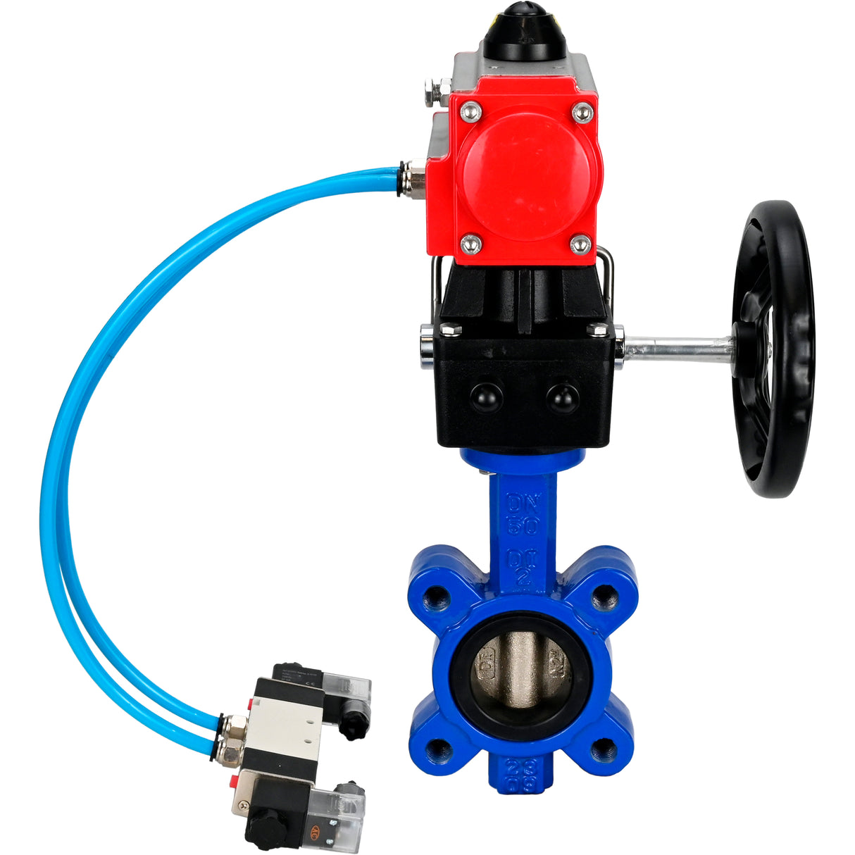 Wasser-Schmetterlingsventil Elephant WBV1616E-2W-Fb-H, Gehäusematerial - Gusseisen QT450, Scheibenmaterial - Gusseisen QT450, Dichtung - EPDM, mit pneumatischem Doppelwirkungsantrieb PA-DA, 4V320-08 220V, Handrad MON