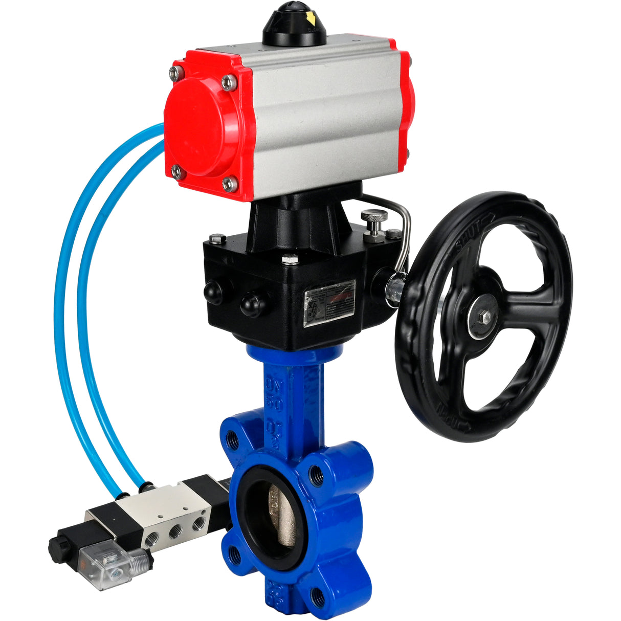 Wasser-Schmetterlingsventil Elephant WBV1616E-2W-Fb-H, Gehäusematerial - Gusseisen QT450, Scheibenmaterial - Gusseisen QT450, Dichtung - EPDM, mit pneumatischem Doppelwirkungsantrieb PA-DA, 4V320-08 220V, Handrad MON
