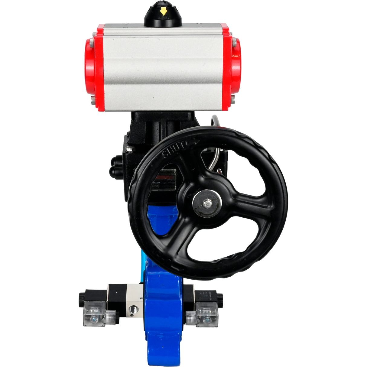 Wasser-Schmetterlingsventil Elephant WBV1616E-2W-Fb-H, Gehäusematerial - Gusseisen QT450, Scheibenmaterial - Gusseisen QT450, Dichtung - EPDM, mit pneumatischem Doppelwirkungsantrieb PA-DA, 4V320-08 220V, Handrad MON