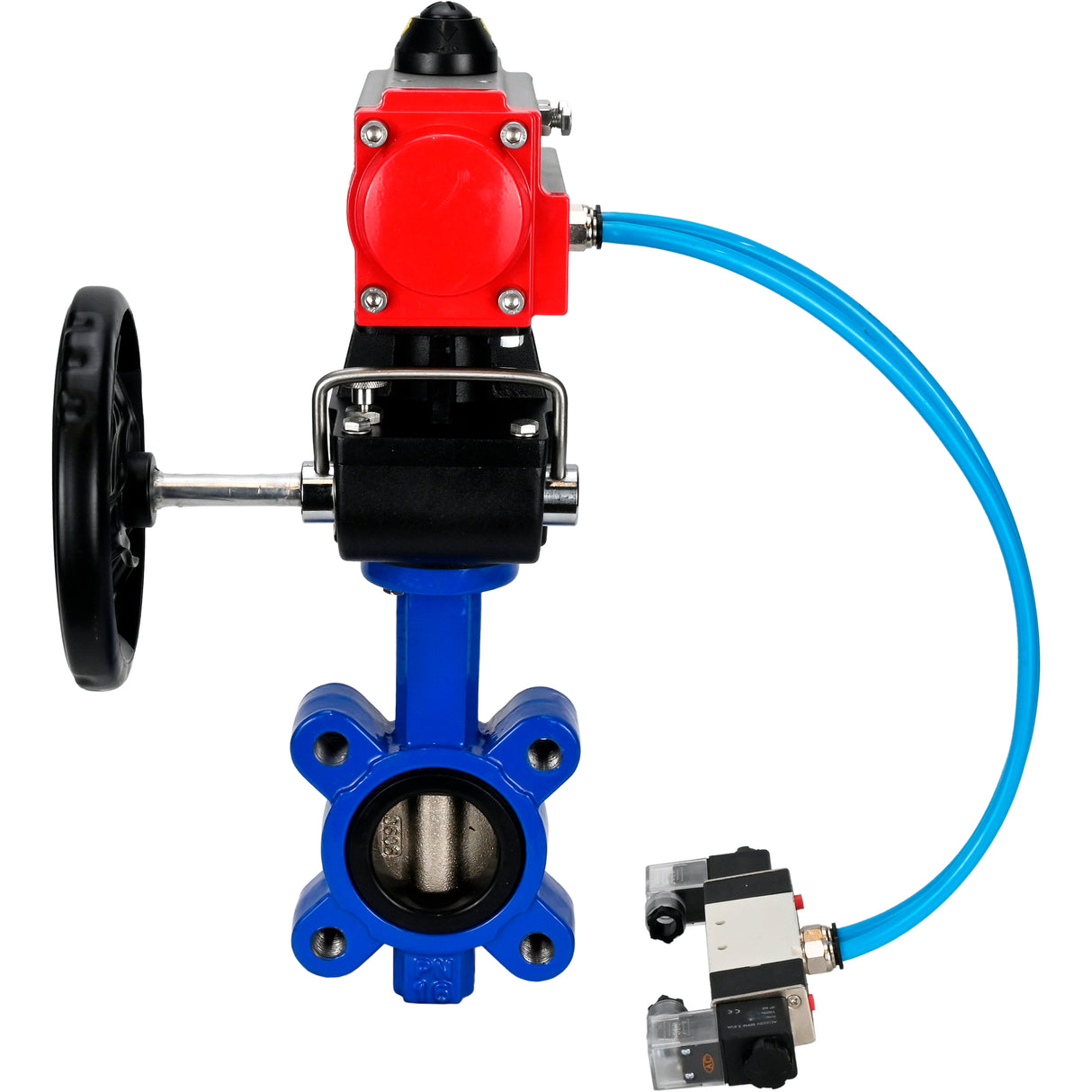 Wasser-Schmetterlingsventil Elephant WBV1616E-2W-Fb-H, Gehäusematerial - Gusseisen QT450, Scheibenmaterial - Gusseisen QT450, Dichtung - EPDM, mit pneumatischem Doppelwirkungsantrieb PA-DA, 4V320-08 220V, Handrad MON