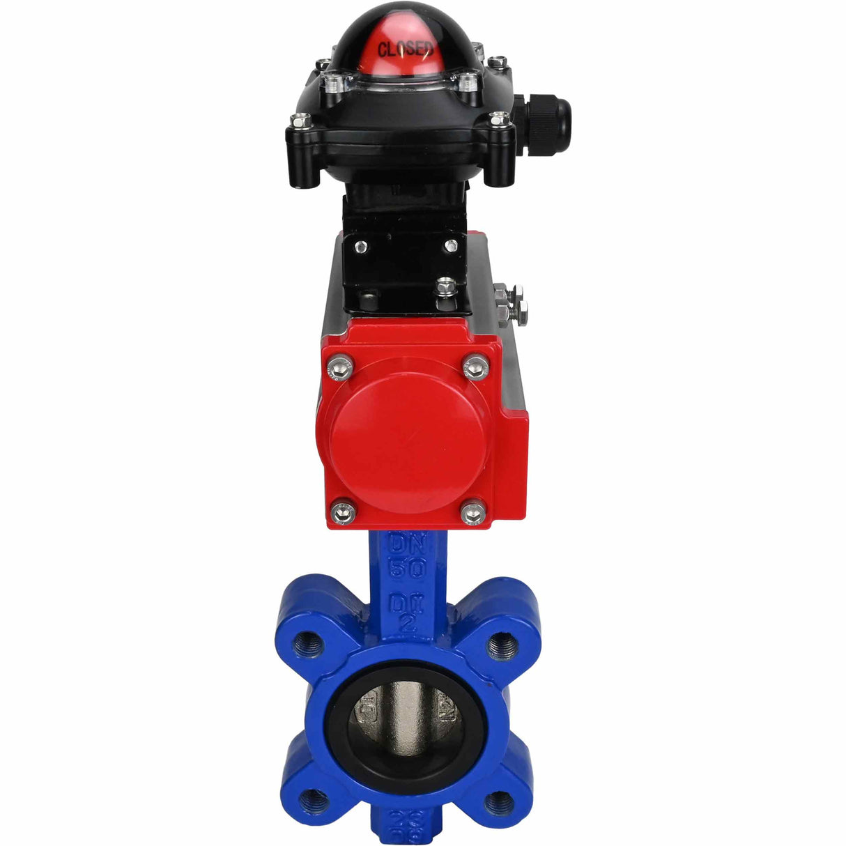 Wasser-Schmetterlingsventil Elephant WBV1616E-2W-Fb-H, Gehäusematerial - Gusseisen QT450, Scheibenmaterial - Gusseisen QT450, Dichtung - EPDM, mit pneumatischem Doppelwirkungsantrieb PA-DA, LSU APL-210N