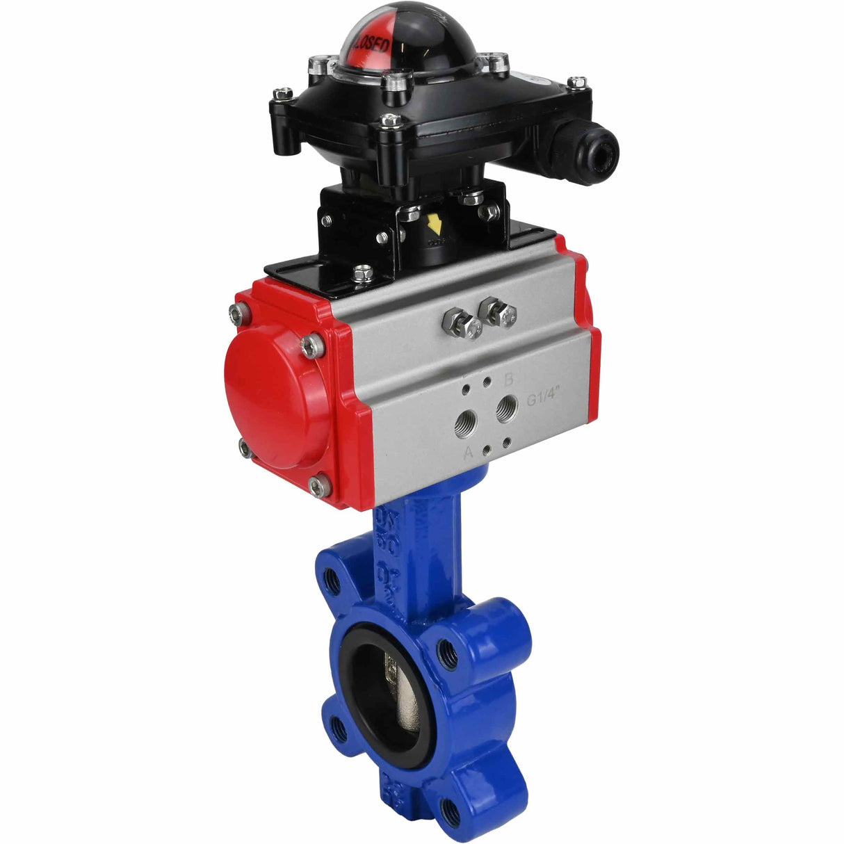 Wasser-Schmetterlingsventil Elephant WBV1616E-2W-Fb-H, Gehäusematerial - Gusseisen QT450, Scheibenmaterial - Gusseisen QT450, Dichtung - EPDM, mit pneumatischem Doppelwirkungsantrieb PA-DA, LSU APL-210N