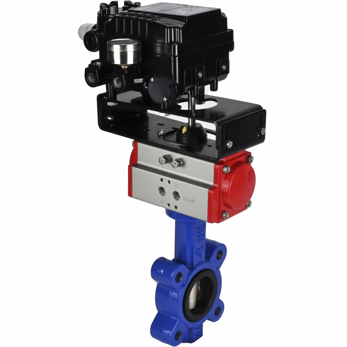 Vanne papillon d'eau Elephant WBV1616N-2W-Fb-H, matériau du corps - fonte QT450, matériau du disque - fonte QT450, joint - NBR, avec actionneur pneumatique double effet PA-DA, positionneur rotatif électropneumatique YT-1000RSN sans rétroaction
