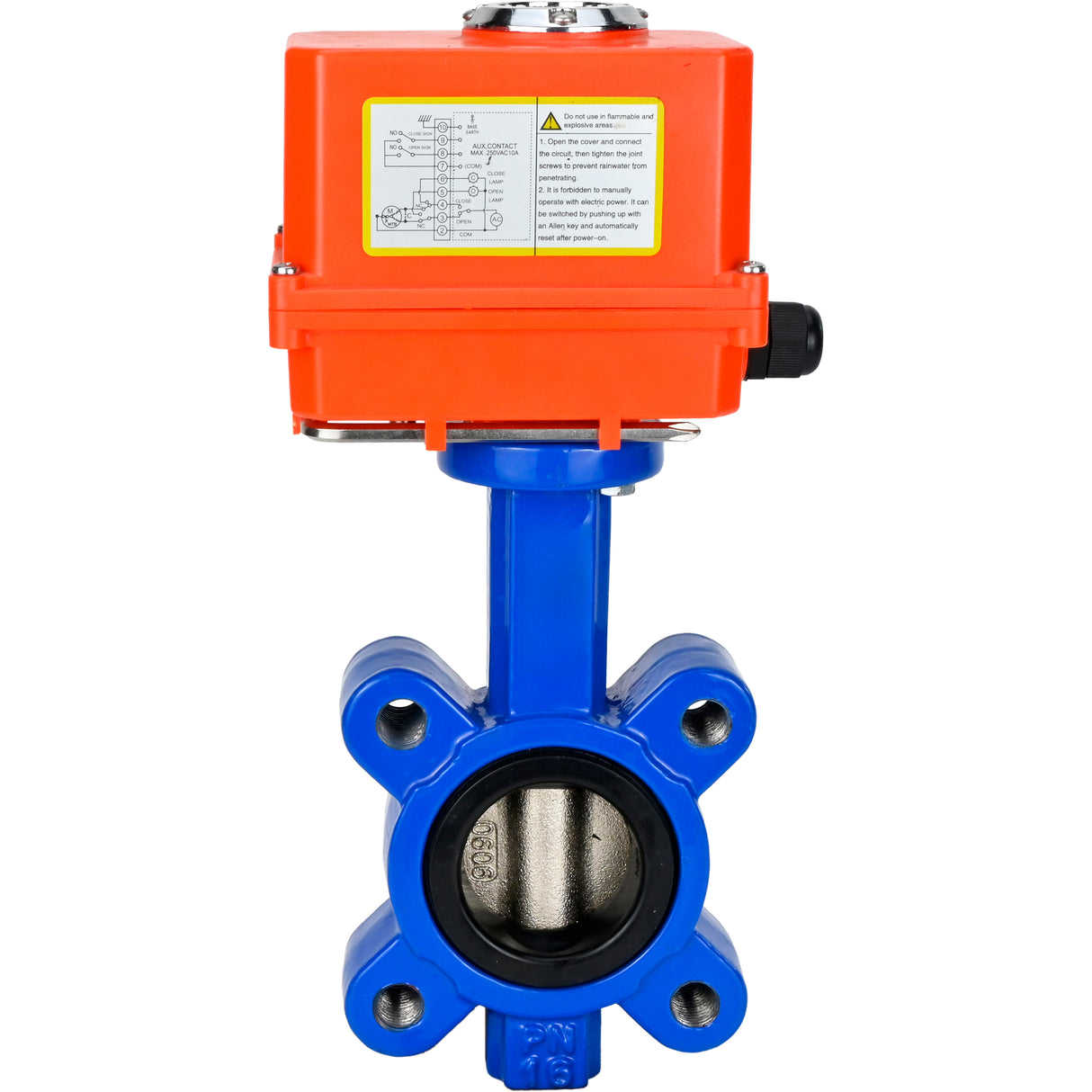 Wasser-Schmetterlingsventil Elephant WBV1616E-2W-Fb-H, Gehäusematerial - Gusseisen QT450, Scheibenmaterial - Gusseisen QT450, Dichtung - EPDM, elektrischer Antrieb QT-N-EM-O1-220VAC-U1 MINI 220V