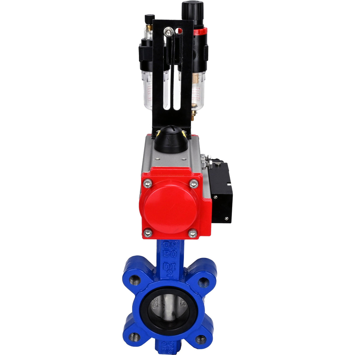 Wasser-Schmetterlingsventil Elephant WBV1631E-2W-Fb-H, Gehäusematerial - Gusseisen QT450, Scheibenmaterial - Edelstahl AISI 304, Dichtung - EPDM, mit pneumatischem Doppelwirkungsantrieb PA-DA, 4M310-08 220V, ATU AFC2000