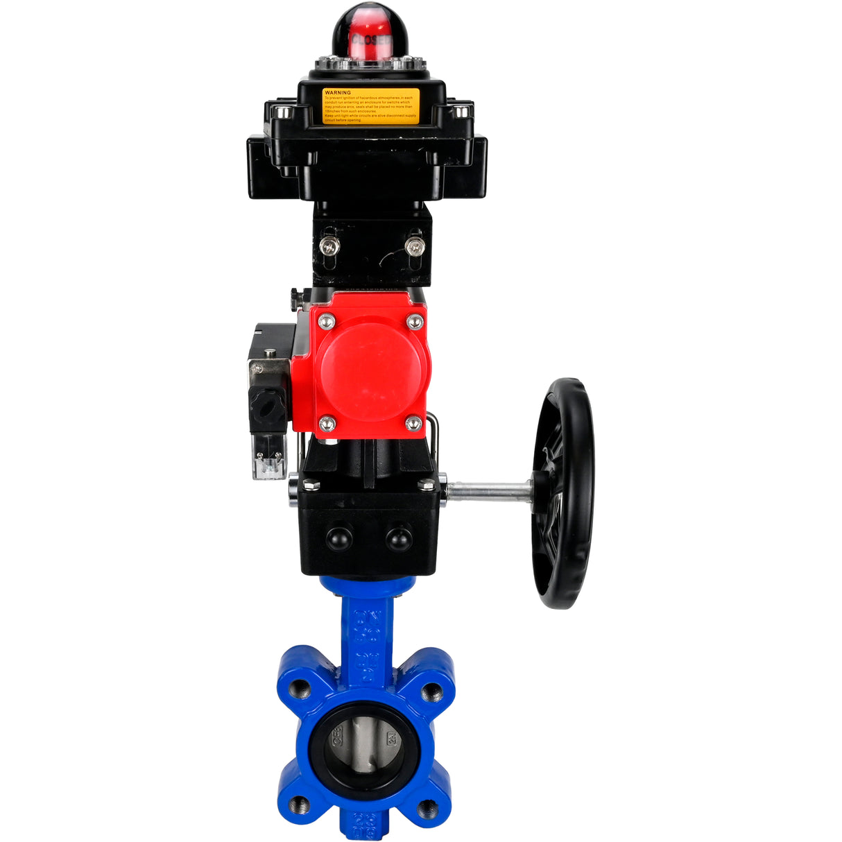 Wasser-Schmetterlingsventil Elephant WBV1631N-2W-Fb-H, Gehäusematerial - Gusseisen QT450, Scheibenmaterial - Edelstahl AISI 304, Dichtung - NBR, pneumatischer Antrieb PA-DA Doppelwirkung, 4M310-08 220V, LSU APL-410N EX, Handrad MON