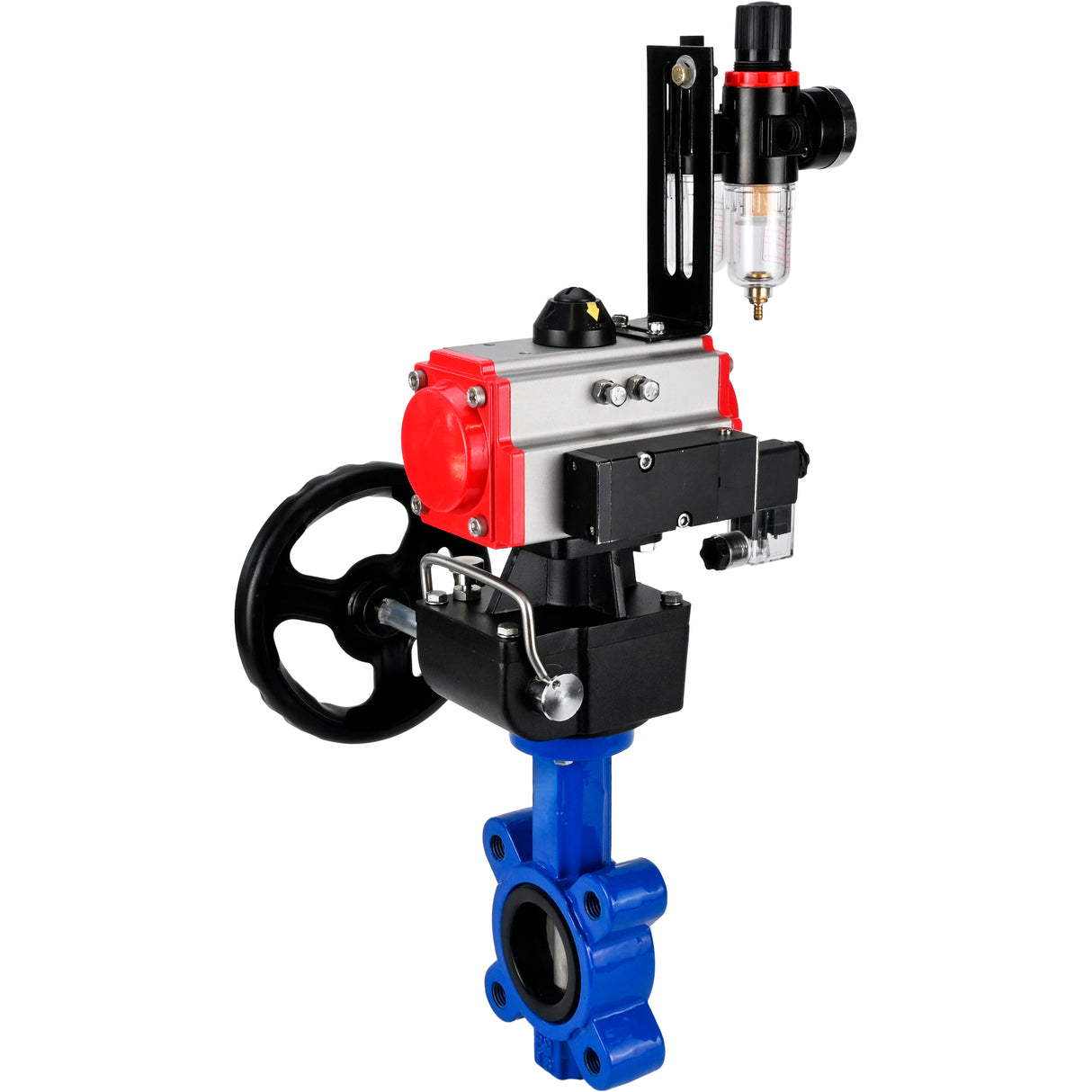 Wasser-Schmetterlingsventil Elephant WBV1631E-2W-Fb-H, Gehäusematerial - Gusseisen QT450, Scheibenmaterial - Edelstahl AISI 304, Dichtung - EPDM, mit pneumatischem Doppelwirkungsantrieb PA-DA, 4M310-08 220V, Handrad MON, ATU AFC2000