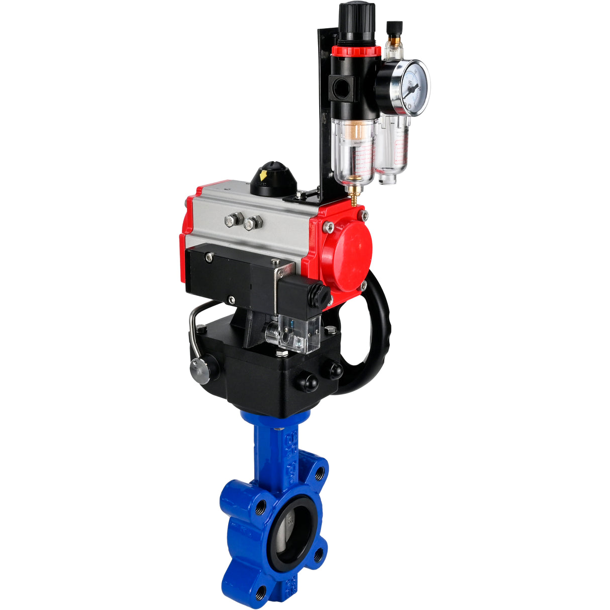 Wasser-Schmetterlingsventil Elephant WBV1631E-2W-Fb-H, Gehäusematerial - Gusseisen QT450, Scheibenmaterial - Edelstahl AISI 304, Dichtung - EPDM, mit pneumatischem Doppelwirkungsantrieb PA-DA, 4M310-08 220V, Handrad MON, ATU AFC2000