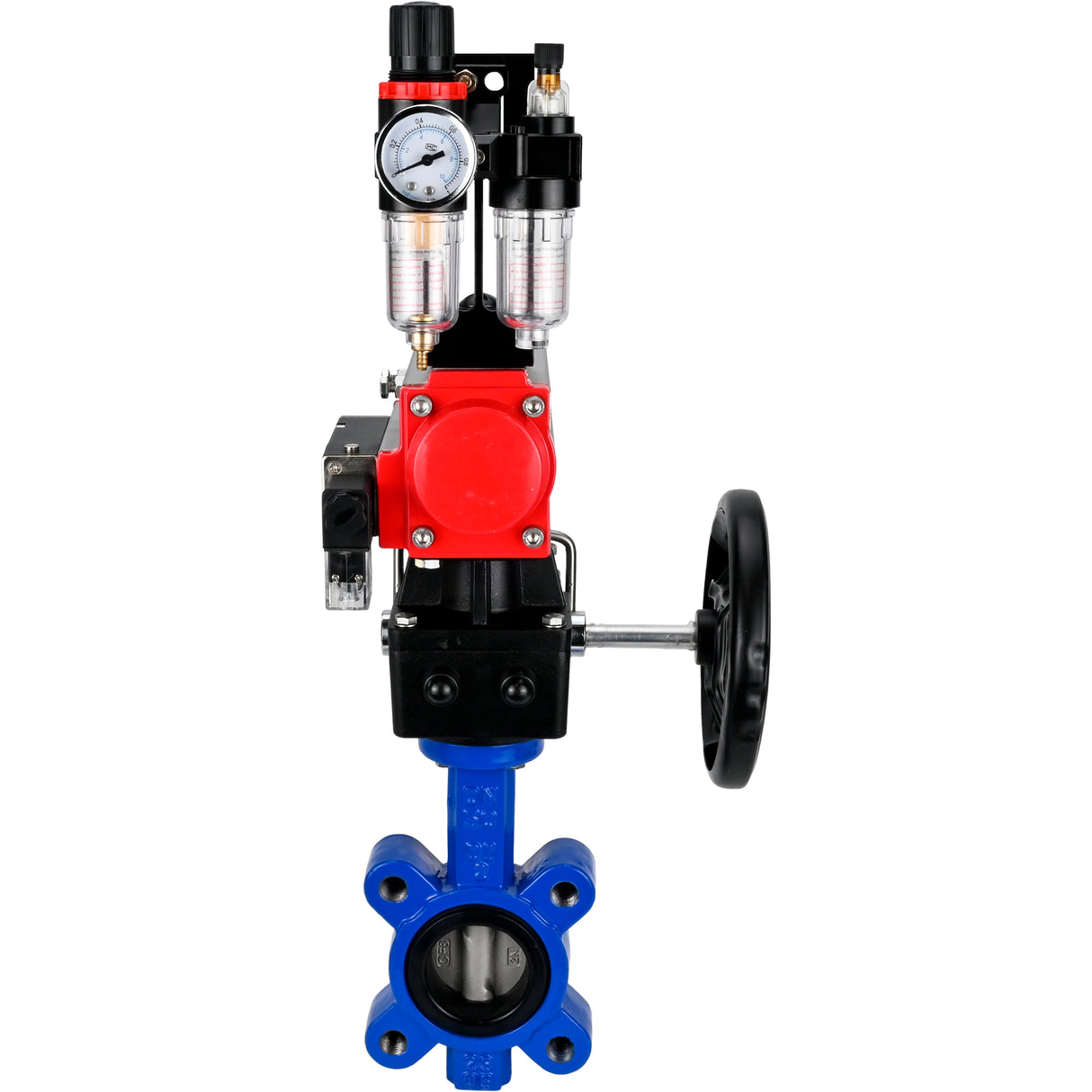 Wasser-Schmetterlingsventil Elephant WBV1631E-2W-Fb-H, Gehäusematerial - Gusseisen QT450, Scheibenmaterial - Edelstahl AISI 304, Dichtung - EPDM, mit pneumatischem Doppelwirkungsantrieb PA-DA, 4M310-08 220V, Handrad MON, ATU AFC2000
