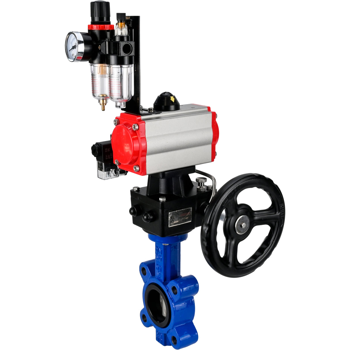 Wasser-Schmetterlingsventil Elephant WBV1631E-2W-Fb-H, Gehäusematerial - Gusseisen QT450, Scheibenmaterial - Edelstahl AISI 304, Dichtung - EPDM, mit pneumatischem Doppelwirkungsantrieb PA-DA, 4M310-08 220V, Handrad MON, ATU AFC2000