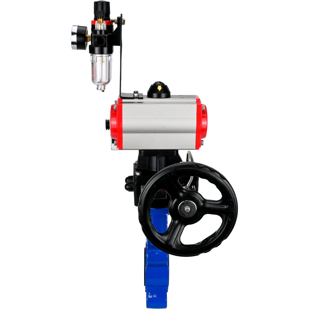 Wasser-Schmetterlingsventil Elephant WBV1631E-2W-Fb-H, Gehäusematerial - Gusseisen QT450, Scheibenmaterial - Edelstahl AISI 304, Dichtung - EPDM, mit pneumatischem Doppelwirkungsantrieb PA-DA, 4M310-08 220V, Handrad MON, ATU AFC2000