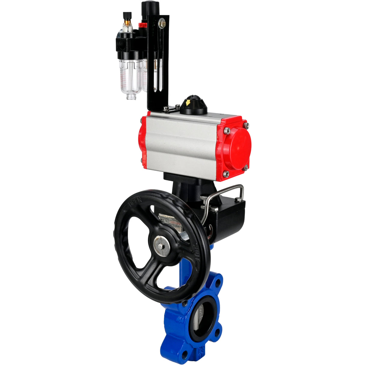 Wasser-Schmetterlingsventil Elephant WBV1631E-2W-Fb-H, Gehäusematerial - Gusseisen QT450, Scheibenmaterial - Edelstahl AISI 304, Dichtung - EPDM, mit pneumatischem Doppelwirkungsantrieb PA-DA, 4M310-08 220V, Handrad MON, ATU AFC2000