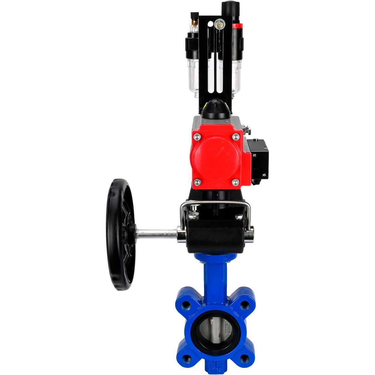 Wasser-Schmetterlingsventil Elephant WBV1631E-2W-Fb-H, Gehäusematerial - Gusseisen QT450, Scheibenmaterial - Edelstahl AISI 304, Dichtung - EPDM, mit pneumatischem Doppelwirkungsantrieb PA-DA, 4M310-08 220V, Handrad MON, ATU AFC2000