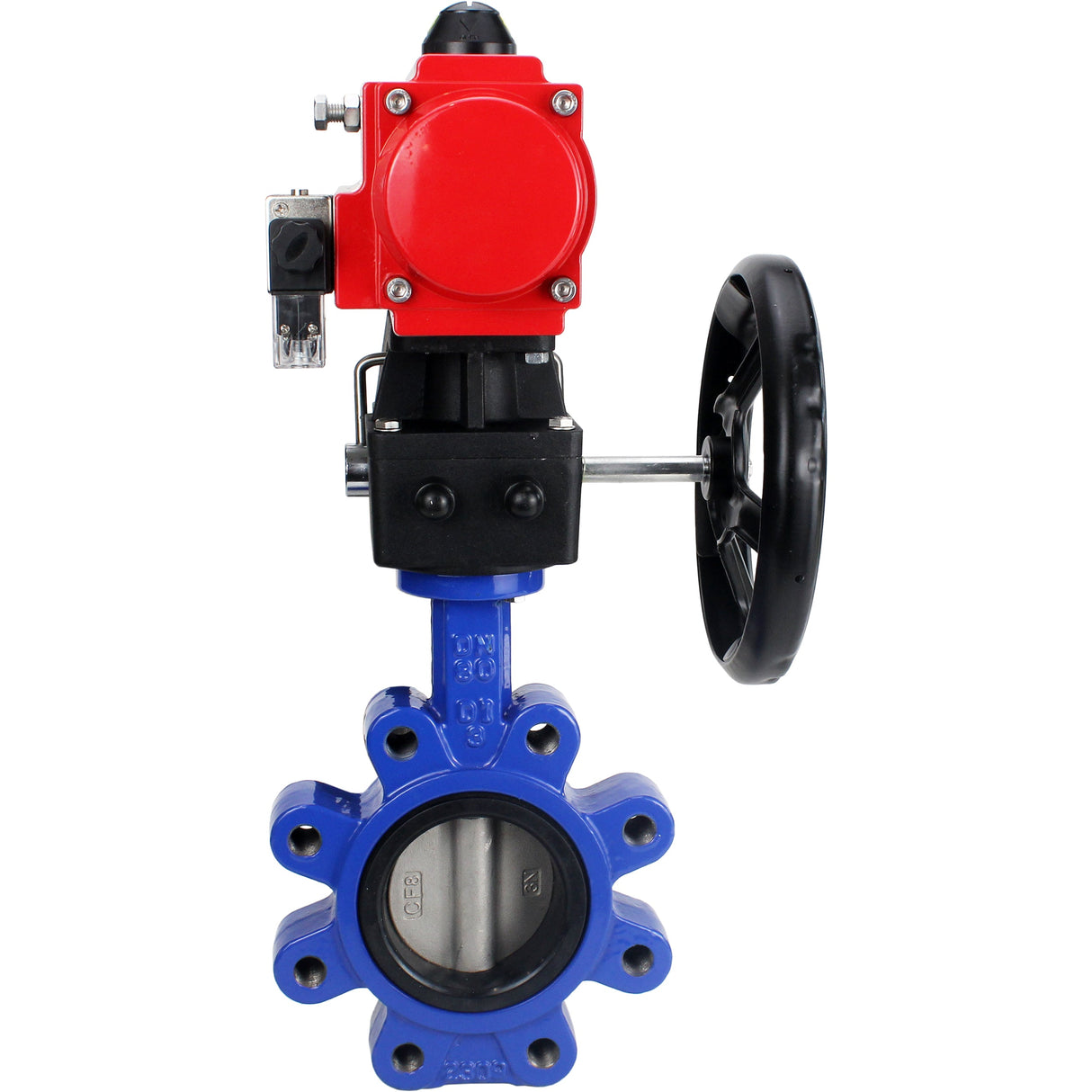 Wasser-Schmetterlingsventil Elephant WBV1631N-2W-Fb-H, Gehäusematerial - Gusseisen QT450, Scheibenmaterial - Edelstahl AISI 304, Dichtung - NBR, pneumatischer Antrieb PA-DA Doppelwirkung, 4M310-08 220V Handrad MON