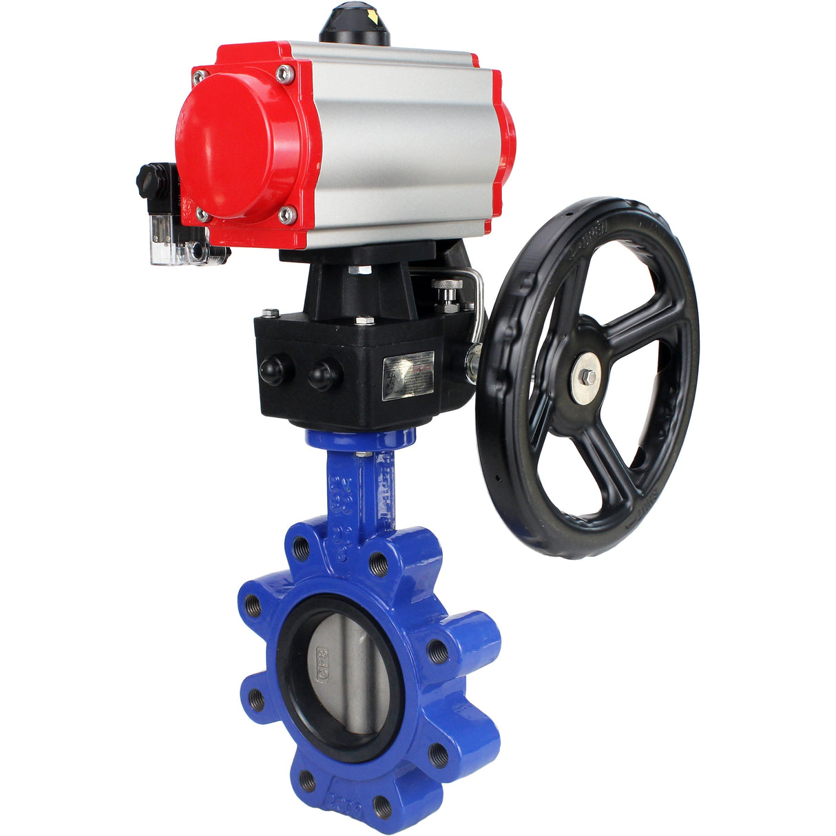 Wasser-Schmetterlingsventil Elephant WBV1631E-2W-Fb-H, Gehäusematerial - Gusseisen QT450, Scheibenmaterial - Edelstahl AISI 304, Dichtung - EPDM, pneumatischer Antrieb PA-DA Doppelwirkung, 4M310-08 220V Handrad MON