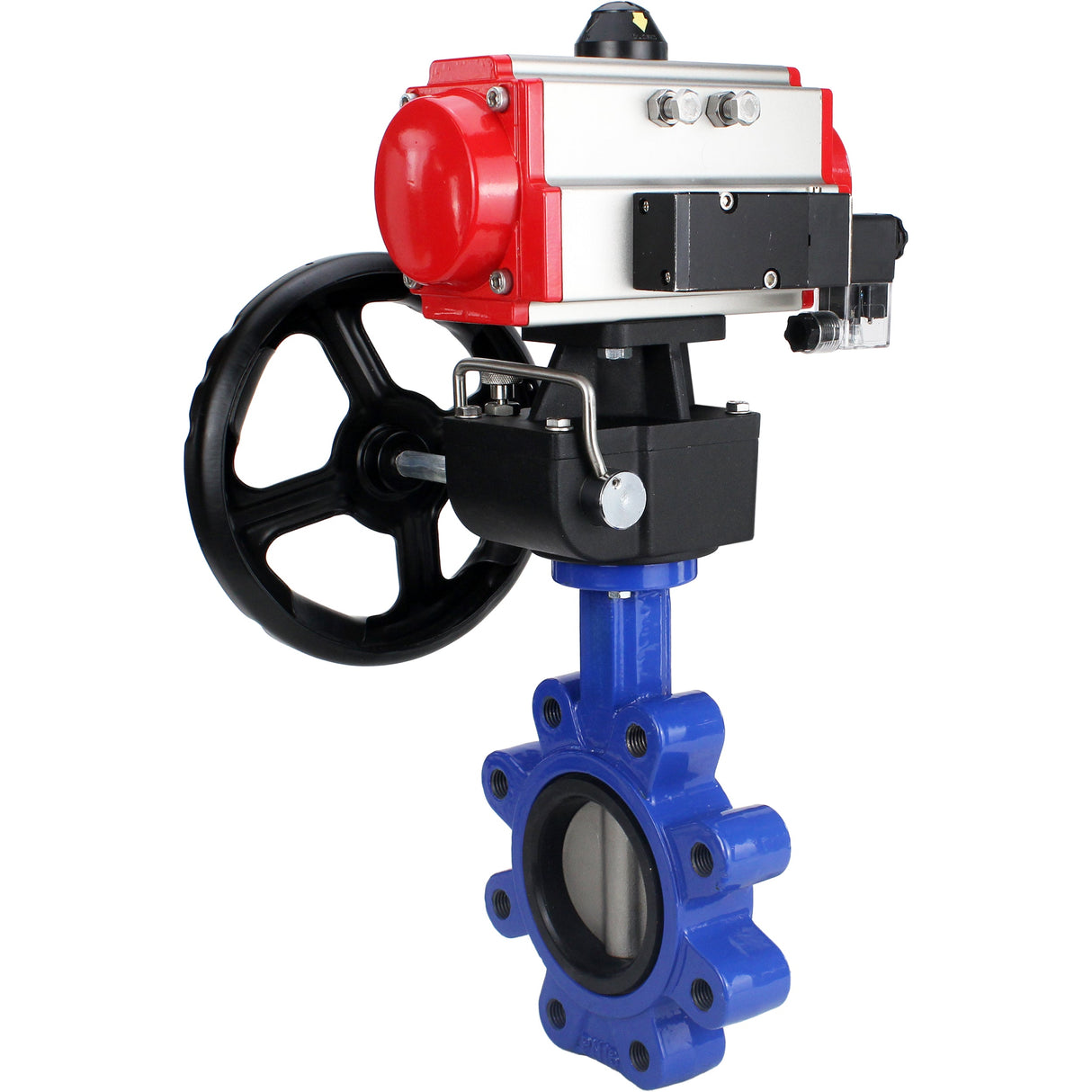 Wasser-Schmetterlingsventil Elephant WBV1631E-2W-Fb-H, Gehäusematerial - Gusseisen QT450, Scheibenmaterial - Edelstahl AISI 304, Dichtung - EPDM, pneumatischer Antrieb PA-DA Doppelwirkung, 4M310-08 220V Handrad MON