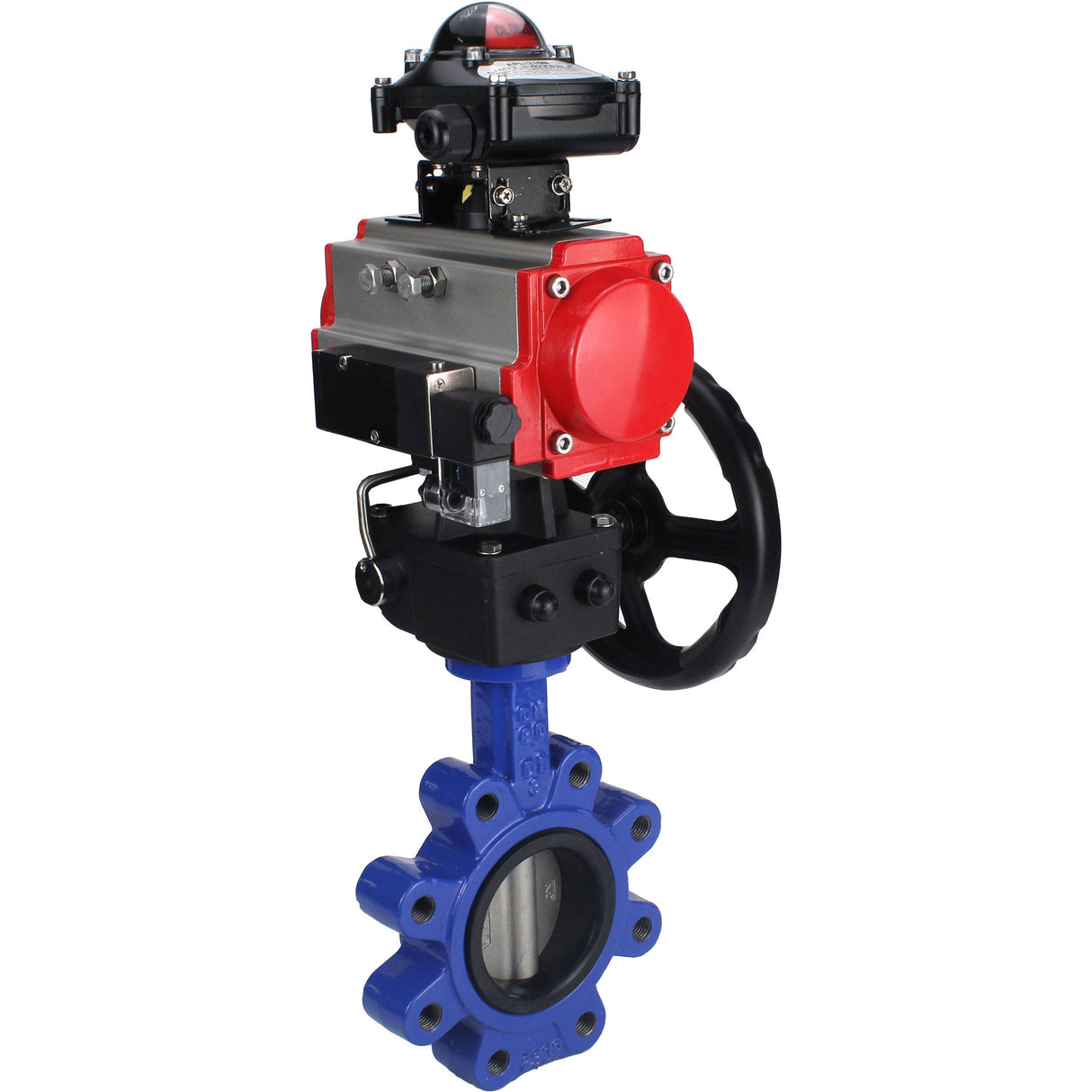 Wasser-Schmetterlingsventil Elephant WBV1631N-2W-Fb-H, Gehäusematerial - Gusseisen QT450, Scheibenmaterial - Edelstahl AISI 304, Dichtung - NBR, pneumatischer Antrieb PA-DA Doppelwirkung, 4M310-08 24V, LSU APL-210N, Handrad MON