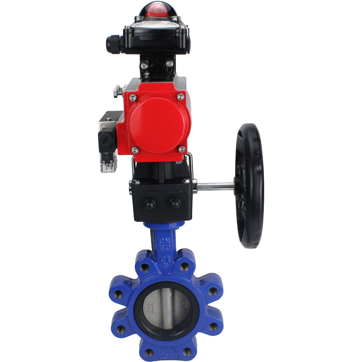 Wasser-Schmetterlingsventil Elephant WBV1631N-2W-Fb-H, Gehäusematerial - Gusseisen QT450, Scheibenmaterial - Edelstahl AISI 304, Dichtung - NBR, pneumatischer Antrieb PA-DA Doppelwirkung, 4M310-08 24V, LSU APL-210N, Handrad MON