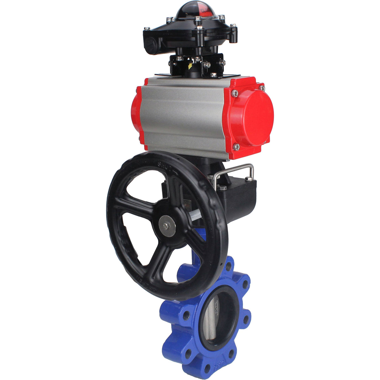 Wasser-Schmetterlingsventil Elephant WBV1631N-2W-Fb-H, Gehäusematerial - Gusseisen QT450, Scheibenmaterial - Edelstahl AISI 304, Dichtung - NBR, pneumatischer Antrieb PA-DA Doppelwirkung, 4M310-08 24V, LSU APL-210N, Handrad MON