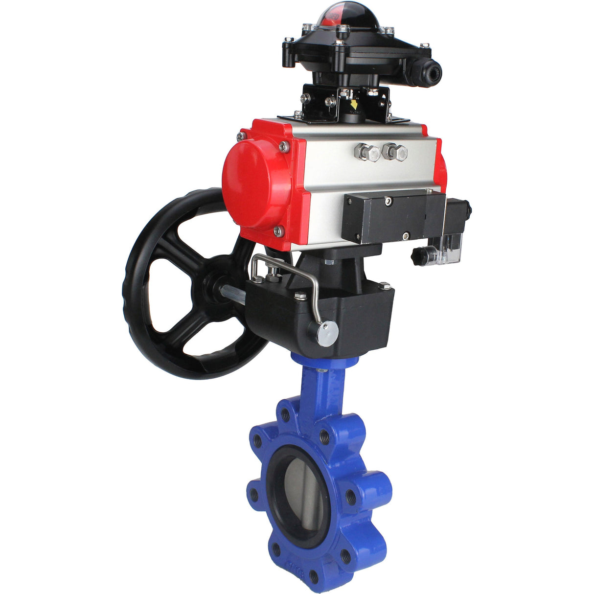 Wasser-Schmetterlingsventil Elephant WBV1631N-2W-Fb-H, Gehäusematerial - Gusseisen QT450, Scheibenmaterial - Edelstahl AISI 304, Dichtung - NBR, pneumatischer Antrieb PA-DA Doppelwirkung, 4M310-08 24V, LSU APL-210N, Handrad MON
