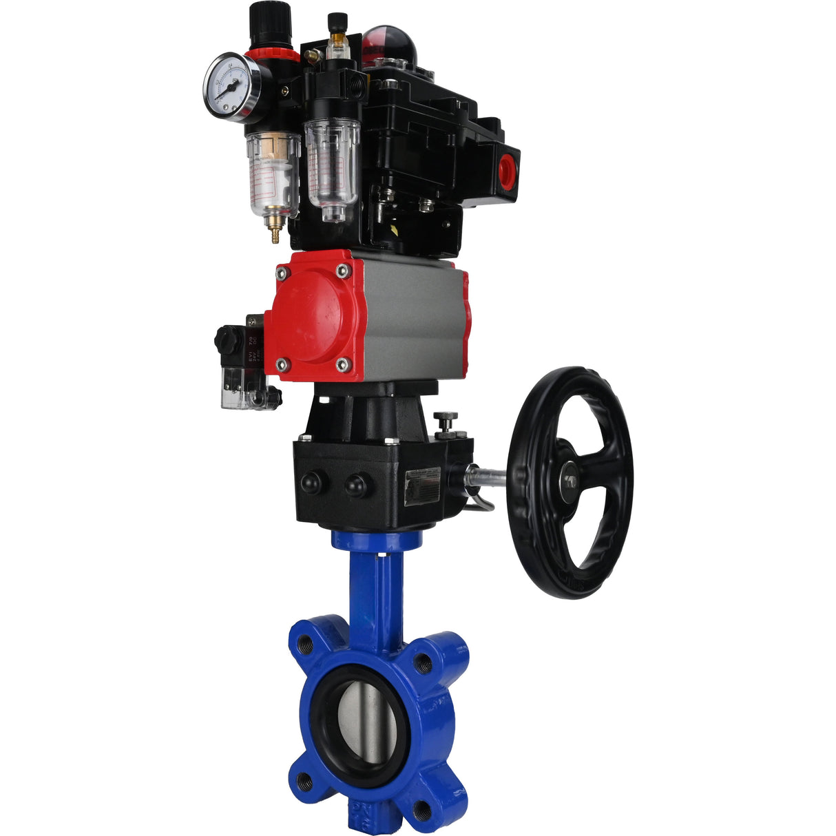 Wasser-Schmetterlingsventil Elephant WBV1631N-2W-Fb-H, Gehäusematerial - Gusseisen QT450, Scheibenmaterial - Edelstahl AISI 304, Dichtung - NBR, pneumatischer Antrieb PA-DA Doppelwirkung, 4M310-08 24V, LSU APL-410N EX, Handrad MON, ATU AFC2000