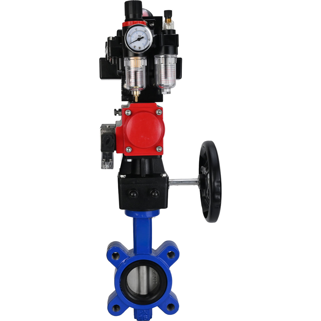 Wasser-Schmetterlingsventil Elephant WBV1631N-2W-Fb-H, Gehäusematerial - Gusseisen QT450, Scheibenmaterial - Edelstahl AISI 304, Dichtung - NBR, pneumatischer Antrieb PA-DA Doppelwirkung, 4M310-08 24V, LSU APL-410N EX, Handrad MON, ATU AFC2000
