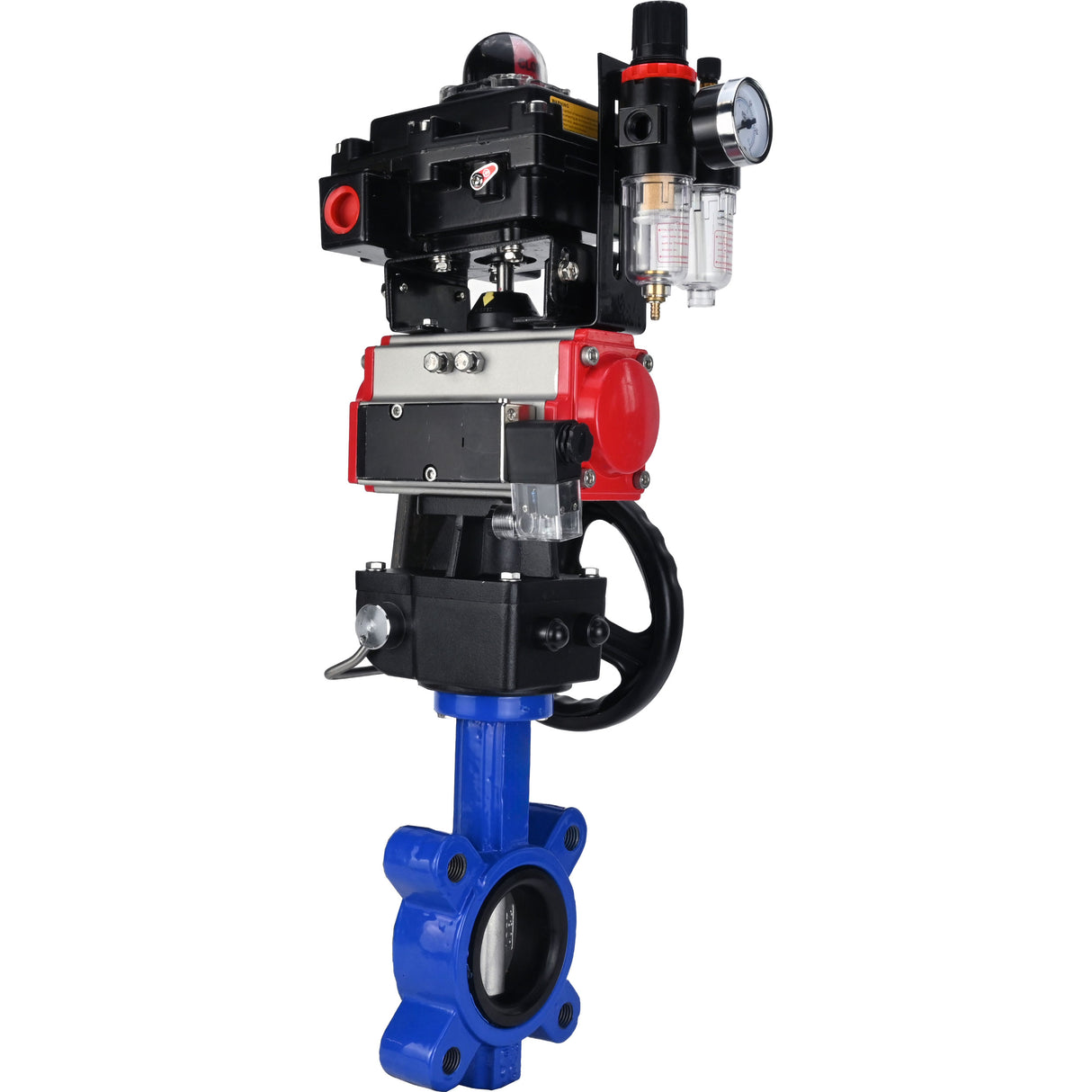 Wasser-Schmetterlingsventil Elephant WBV1631N-2W-Fb-H, Gehäusematerial - Gusseisen QT450, Scheibenmaterial - Edelstahl AISI 304, Dichtung - NBR, pneumatischer Antrieb PA-DA Doppelwirkung, 4M310-08 24V, LSU APL-410N EX, Handrad MON, ATU AFC2000