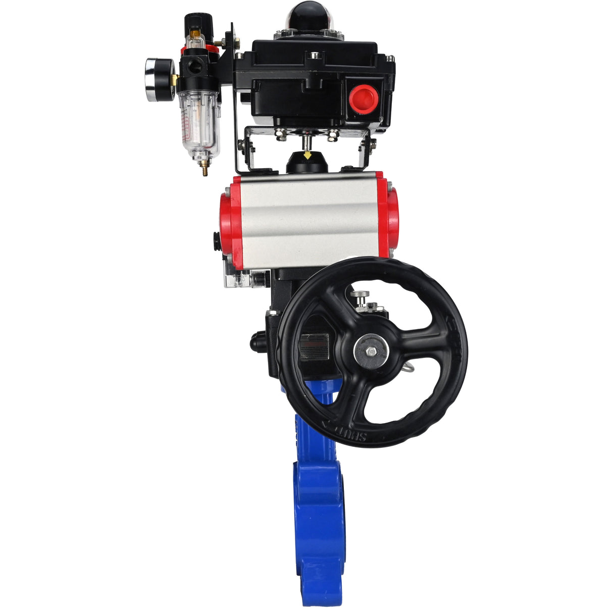 Wasser-Schmetterlingsventil Elephant WBV1631N-2W-Fb-H, Gehäusematerial - Gusseisen QT450, Scheibenmaterial - Edelstahl AISI 304, Dichtung - NBR, pneumatischer Antrieb PA-DA Doppelwirkung, 4M310-08 24V, LSU APL-410N EX, Handrad MON, ATU AFC2000