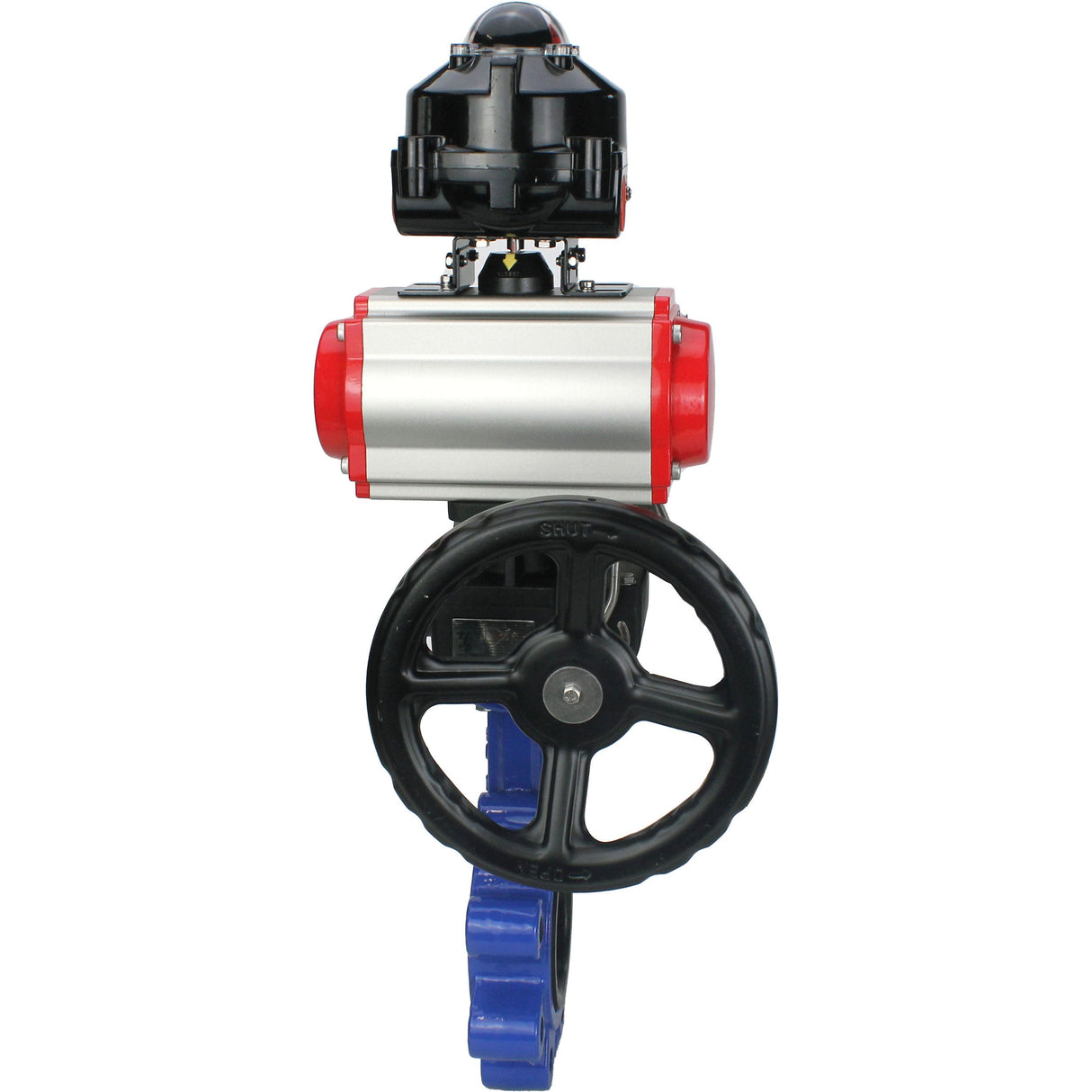 Wasser-Schmetterlingsventil Elephant WBV1631E-2W-Fb-H, Gehäusematerial - Gusseisen QT450, Scheibenmaterial - Edelstahl AISI 304, Dichtung - EPDM, pneumatischer Antrieb PA-DA Doppelwirkung, 4M310-08 24V, LSU APL-510N EX, Handrad MON