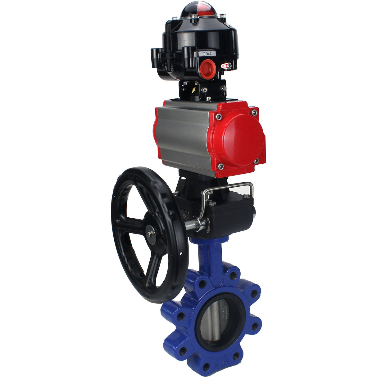 Wasser-Schmetterlingsventil Elephant WBV1631E-2W-Fb-H, Gehäusematerial - Gusseisen QT450, Scheibenmaterial - Edelstahl AISI 304, Dichtung - EPDM, pneumatischer Antrieb PA-DA Doppelwirkung, 4M310-08 24V, LSU APL-510N EX, Handrad MON