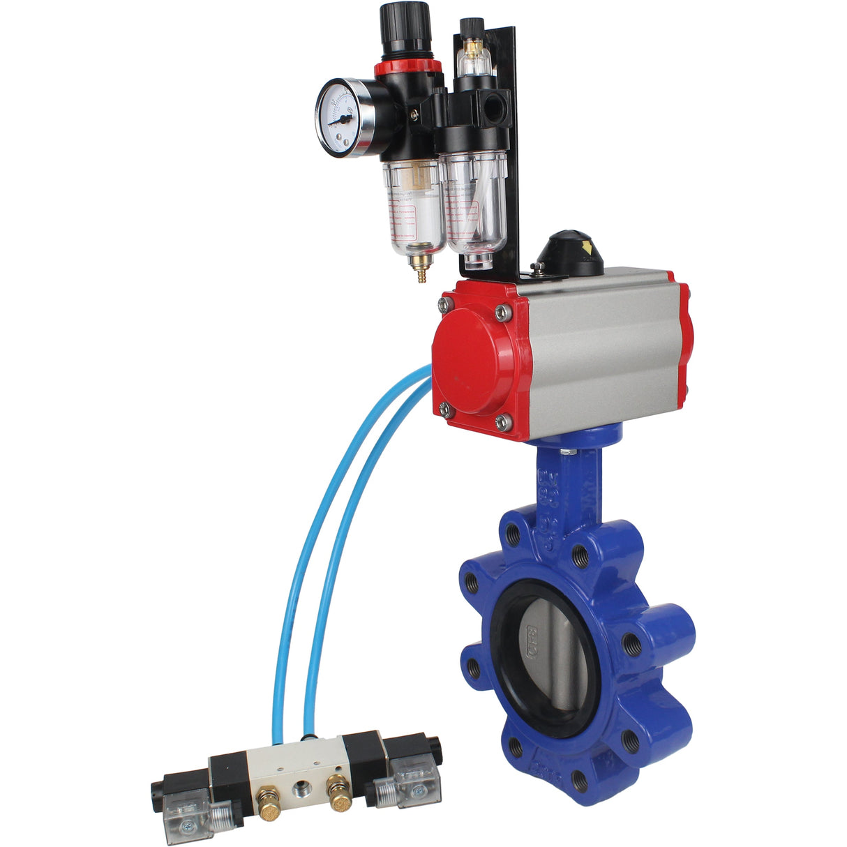 Wasser-Schmetterlingsventil Elephant WBV1631E-2W-Fb-H, Gehäusematerial - Gusseisen QT450, Scheibenmaterial - Edelstahl AISI 304, Dichtung - EPDM, mit pneumatischem Doppelwirkungsantrieb PA-DA, 4V320-10 220V, ATU AFC2000