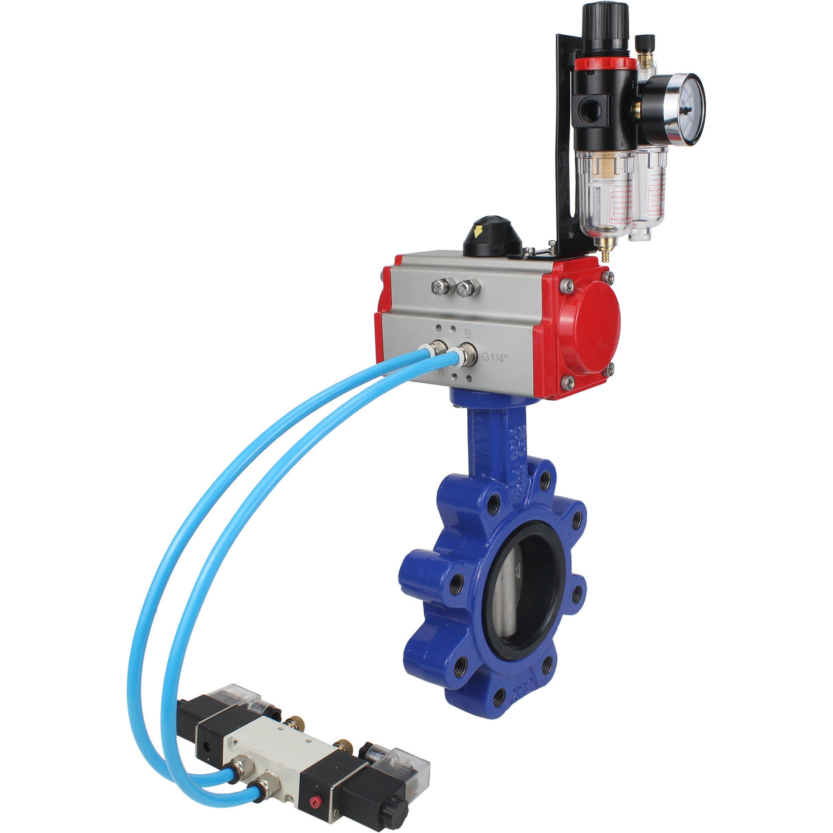 Wasser-Schmetterlingsventil Elephant WBV1631E-2W-Fb-H, Gehäusematerial - Gusseisen QT450, Scheibenmaterial - Edelstahl AISI 304, Dichtung - EPDM, mit pneumatischem Doppelwirkungsantrieb PA-DA, 4V320-10 220V, ATU AFC2000