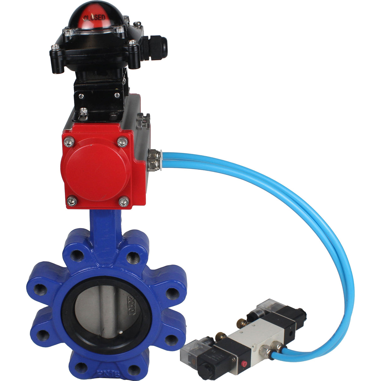 Wasser-Schmetterlingsventil Elephant WBV1631E-2W-Fb-H, Gehäusematerial - Gusseisen QT450, Scheibenmaterial - Edelstahl AISI 304, Dichtung - EPDM, pneumatischer Antrieb PA-SA mit Rückstellfedern, 4V320-10 220V, LSU APL-210N