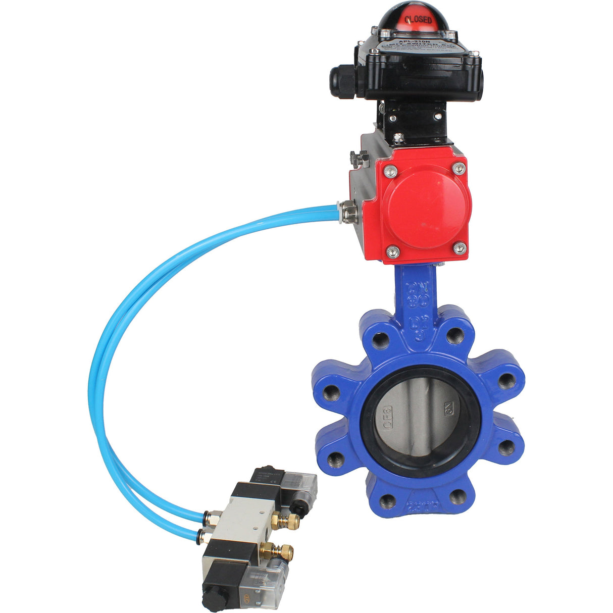 Wasser-Schmetterlingsventil Elephant WBV1631E-2W-Fb-H, Gehäusematerial - Gusseisen QT450, Scheibenmaterial - Edelstahl AISI 304, Dichtung - EPDM, pneumatischer Antrieb PA-DA Doppelwirkung, 4V320-08 220V, LSU APL-210N
